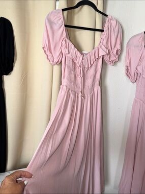 Smocked Pink Midi Dress with Ruffle Scoop Neck
